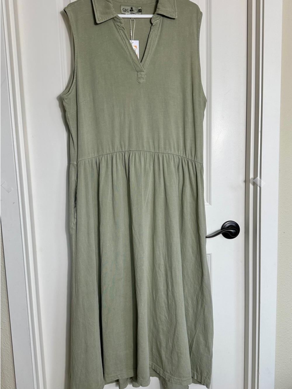 C&C California Sage Green Cotton Maxi Dress Babydoll Collared Sleeveless M. NWT
